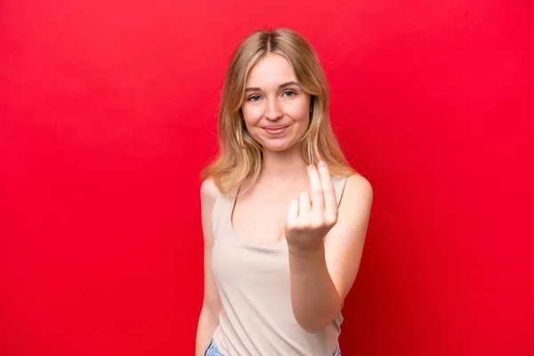 Young English Woman Isolated Red Background Making Money Gesture — Stock Fotó