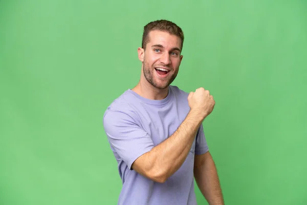 Young Handsome Caucasian Man Isolated Green Chroma Background Celebrating Victory — Stock Photo, Image
