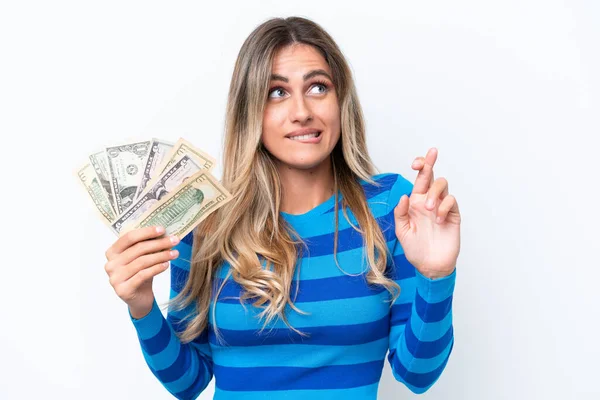Young Uruguayan Woman Taking Lot Money Isolated White Background Fingers — Stock Photo, Image