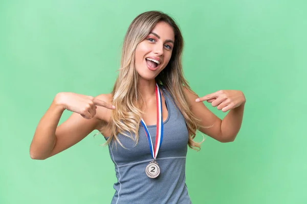 Young Pretty Sport Uruguayan Woman Medals Isolated Background Proud Self — Stock Photo, Image