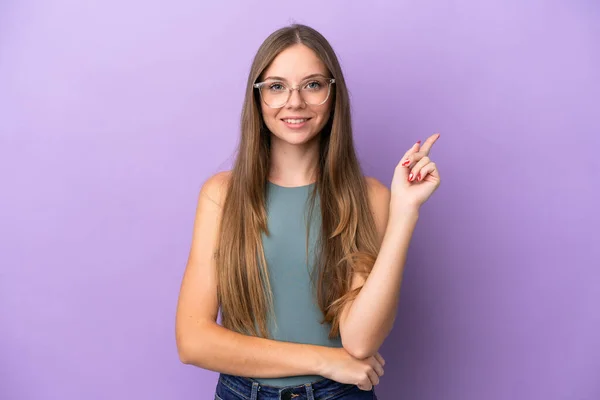 Young Lithuanian Woman Isolated Purple Background Happy Pointing — Stock Fotó