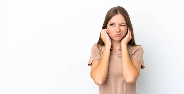 Mladý Litevský Žena Izolovaný Bílý Pozadí Frustrovaný Zakrývající Uši — Stock fotografie