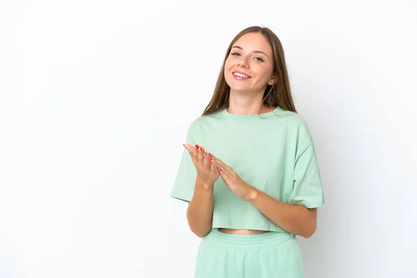 Giovane Donna Lituana Isolata Sfondo Bianco Applaudendo Dopo Presentazione Una — Foto Stock