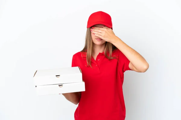 Pizza Delivery Lithuanian Woman Isolated White Background Covering Eyes Hands — Stock Photo, Image