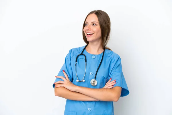 Jonge Chirurg Arts Litouwse Vrouw Geïsoleerd Witte Achtergrond Gelukkig Glimlachend — Stockfoto