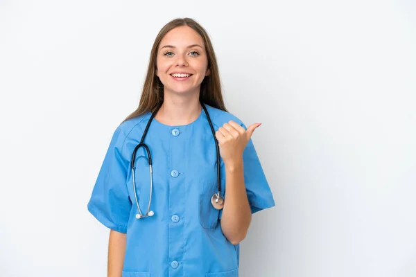 Young Surgeon Doctor Lithuanian Woman Isolated White Background Pointing Side — 图库照片