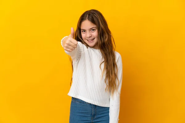 Child Isolated Yellow Background Thumbs Because Something Good Has Happened — Stock fotografie