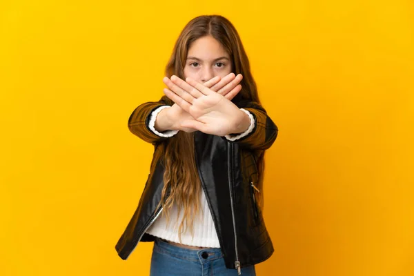 Child Isolated Yellow Background Making Stop Gesture Her Hand Stop — ストック写真