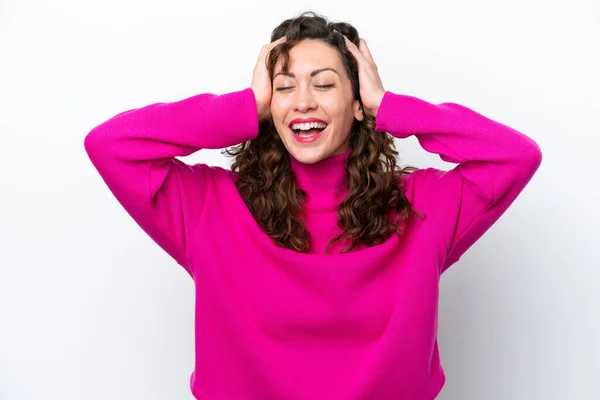 Young Caucasian Woman Isolated White Background Laughing — Stock Photo, Image