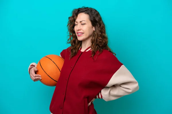 Young Caucasian Basketball Player Woman Isolated Blue Background Suffering Backache — Stock Photo, Image