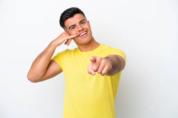 Young Caucasian Handsome Man Isolated White Background Making Phone Gesture — 스톡 사진