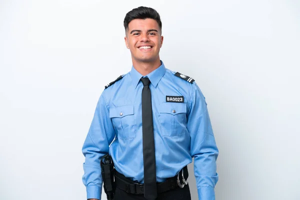 Молодий Поліцейський Білий Чоловік Ізольований Білому Тлі Сміється — стокове фото