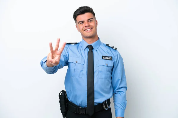 Молодий Поліцейський Білий Чоловік Ізольований Білому Тлі Щасливий Рахуючи Трьох — стокове фото