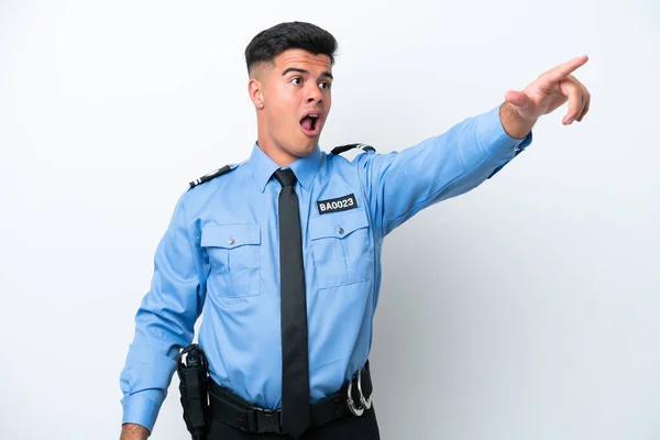 Young Police Caucasian Man Isolated White Background Pointing Away — Zdjęcie stockowe