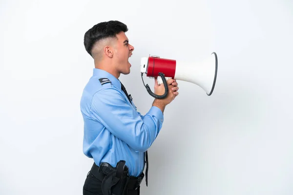 Young Police Caucasian Man Isolated White Background Shouting Megaphone — Stock fotografie