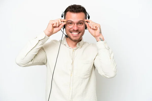 Telemarketer Caucasian Man Working Headset Isolated White Background Glasses Surprised — Foto de Stock