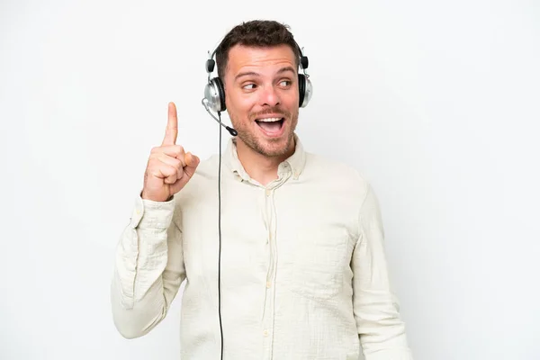 Telemarketer Caucasian Man Working Headset Isolated White Background Intending Realizes — Stok fotoğraf