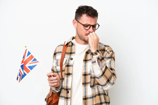 Young Hispanic Man Holding United Kingdom Flag Isolated White Background — 图库照片