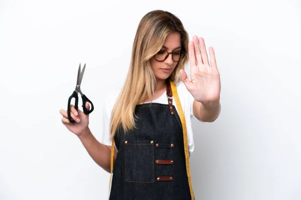 Young Caucasian Seamstress Woman Isolated White Background Making Stop Gesture — ストック写真