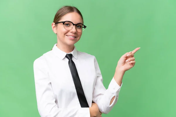 Young Business Caucasian Woman Isolated Background Pointing Finger Side — Stock Photo, Image