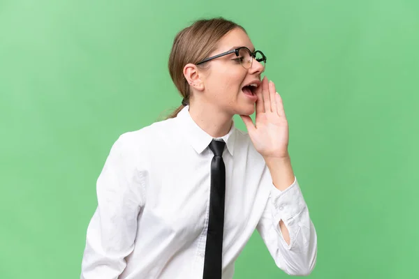 Young Business Caucasian Woman Isolated Background Shouting Mouth Wide Open — Stock Photo, Image