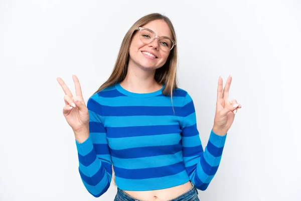Young Beautiful Blonde Woman Isolated White Background Showing Victory Sign — Stock Photo, Image