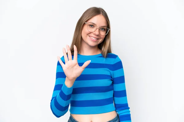 Young Beautiful Blonde Woman Isolated White Background Counting Five Fingers — Stock Photo, Image