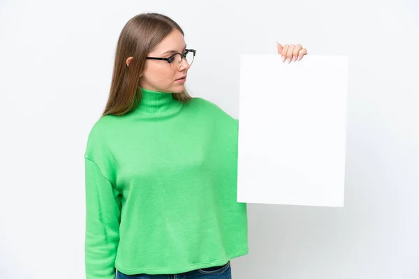 Young Caucasian Woman Isolated White Background Holding Empty Placard Looking — Stock Photo, Image