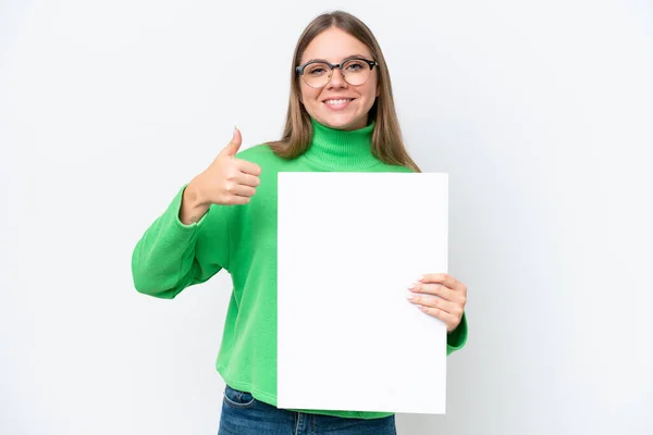 Young Caucasian Woman Isolated White Background Holding Empty Placard Thumb — Stock Photo, Image