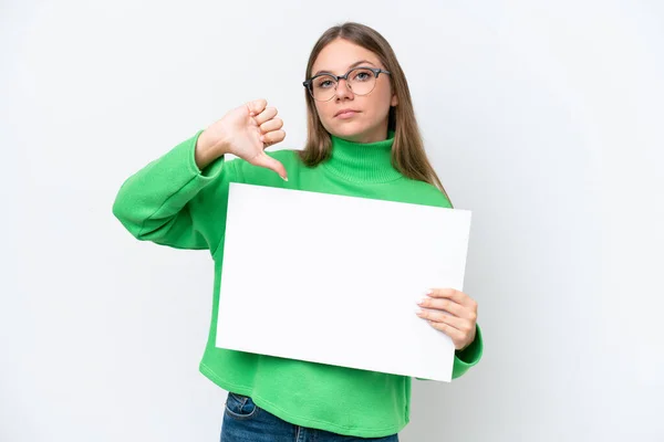 Young Caucasian Woman Isolated White Background Holding Empty Placard Doing — Stock Photo, Image