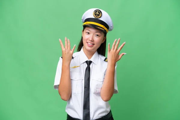 Pilota Aereo Asiatico Donna Oltre Isolato Sfondo Conteggio Nove Con — Foto Stock