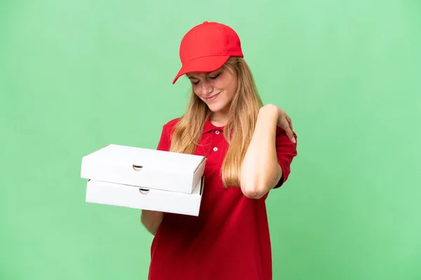 Giovane Donna Caucasica Consegna Pizza Con Uniforme Lavoro Raccogliendo Scatole — Foto Stock