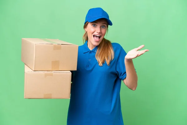 Delivery Caucasian Woman Isolated Background Shocked Facial Expression — Stock Photo, Image