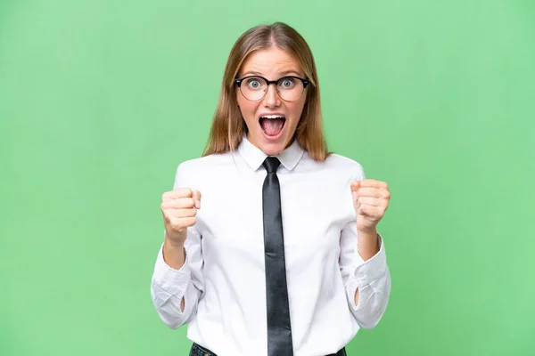 Young Business Caucasian Woman Isolated Background Celebrating Victory Winner Position — Stock Photo, Image