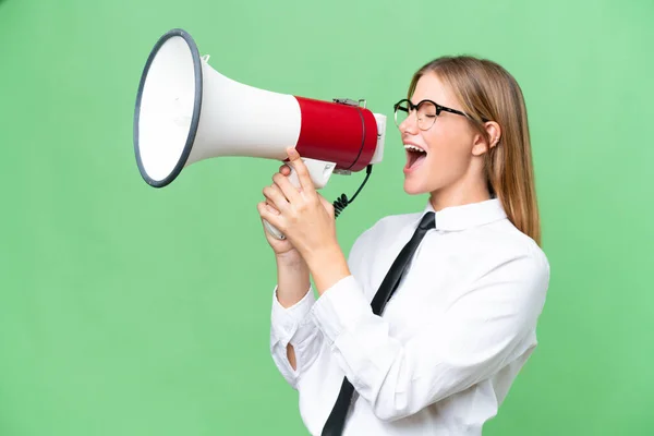 Young Business Caucasian Woman Isolated Background Shouting Megaphone — Stock Photo, Image