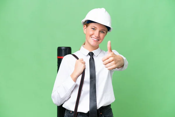 Young Architect Caucasian Woman Helmet Holding Blueprints Isolated Background Thumbs — Stock Photo, Image