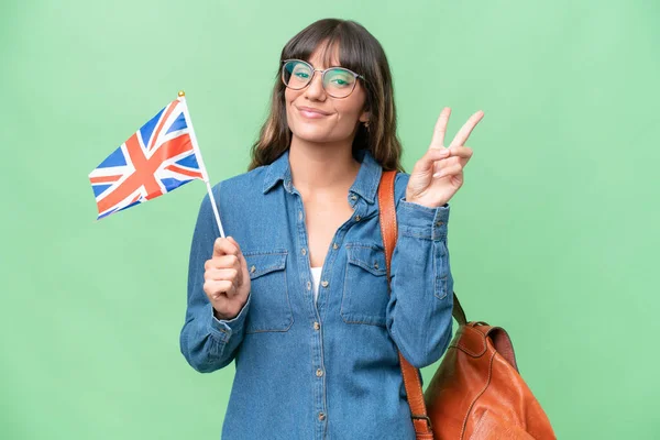 Young Caucasian Woman Holding United Kingdom Flag Isolated Background Smiling — Stock Photo, Image