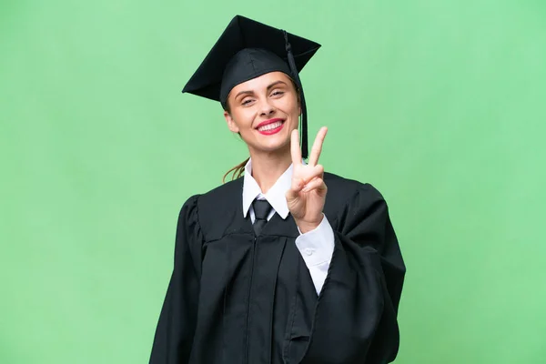 Jovem Universitária Pós Graduação Mulher Caucasiana Sobre Fundo Isolado Sorrindo — Fotografia de Stock