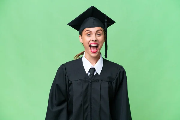 Joven Graduada Universitaria Caucásica Sobre Fondo Aislado Con Expresión Facial — Foto de Stock