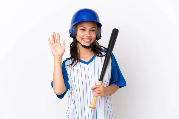 Baseball Ruská Dívka Hráč Helmou Pálkou Izolované Bílém Pozadí Salutování — Stock fotografie