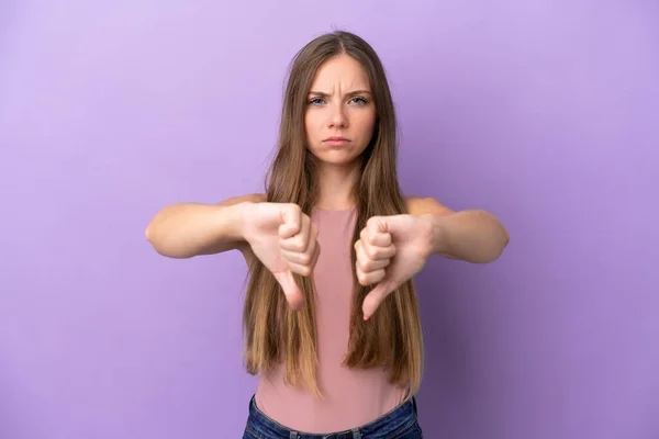 Young Lithuanian Woman Isolated Purple Background Showing Thumb Two Hands — Stock Photo, Image