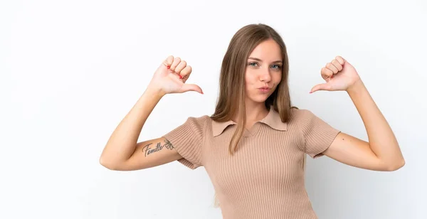 Genç Litvanyalı Kadın Beyaz Arka Planda Soyutlanmış Gururlu Kendinden Memnun — Stok fotoğraf