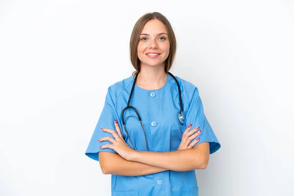 Jeune Chirurgien Médecin Lituanienne Isolée Sur Fond Blanc Gardant Les — Photo