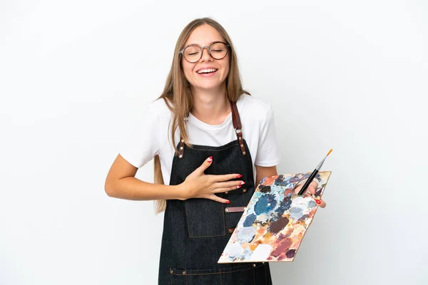 Młody Artysta Litewski Kobieta Trzyma Paletę Odizolowanych Białym Tle Uśmiechając — Zdjęcie stockowe