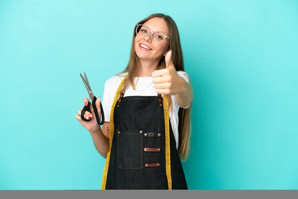Young Lithuanian Seamstress Woman Isolated Blue Background Thumbs Because Something — Stock Photo, Image