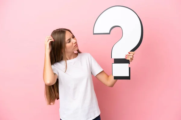 Young Lithuanian Woman Isolated Pink Background Holding Question Mark Icon — Stock Photo, Image