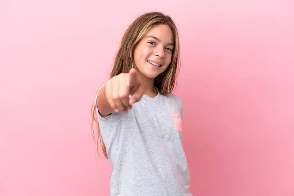 Little Caucasian Girl Isolated Pink Background Pointing Front Happy Expression — Stock Photo, Image