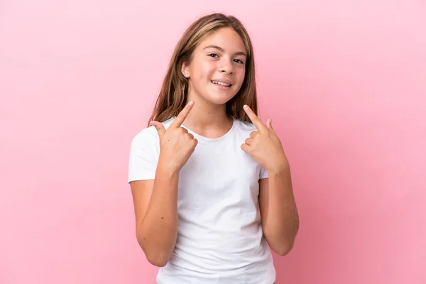 Little Caucasian Girl Isolated Pink Background Giving Thumbs Gesture — Fotografia de Stock