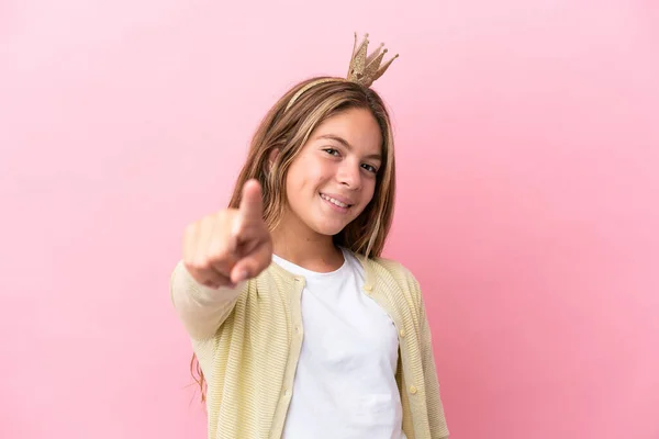 Little Princess Crown Isolated Pink Background Pointing Front Happy Expression — Stock Photo, Image