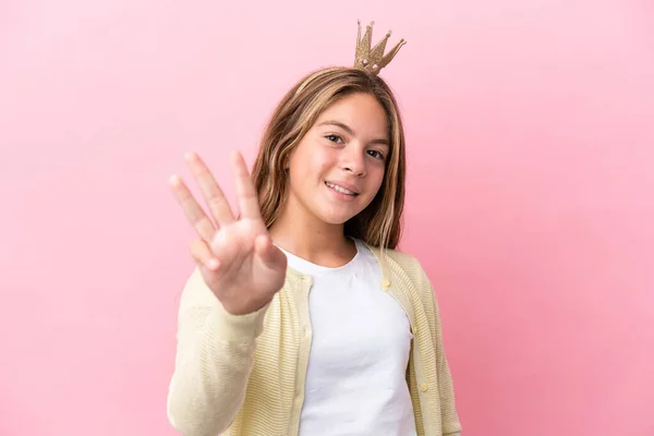 Little Princess Crown Isolated Pink Background Happy Counting Three Fingers — Stock Photo, Image